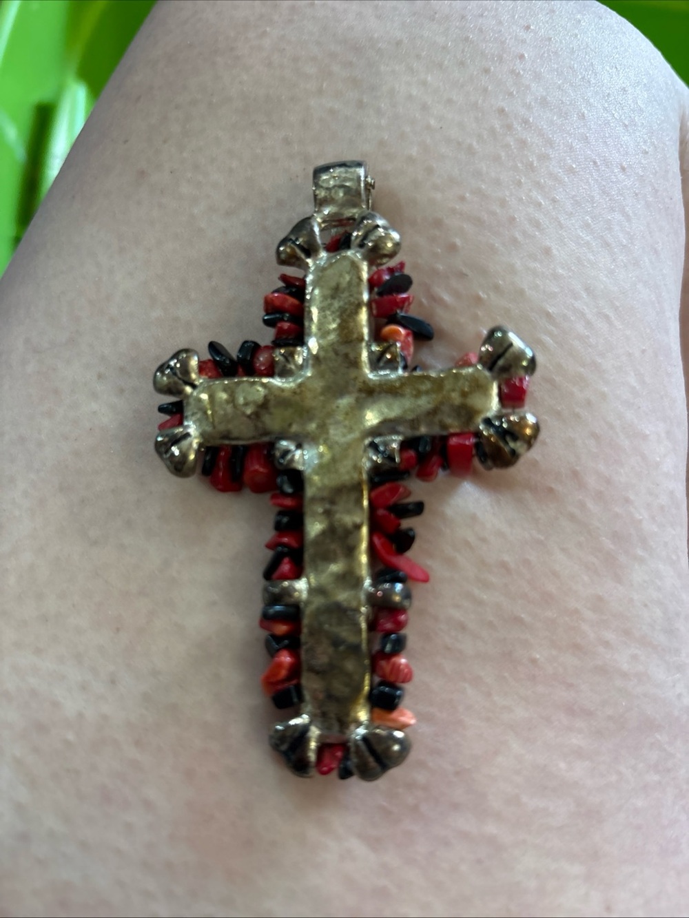 Handcrafted Gold-Tone Cross Pendant with Red and Black Accents